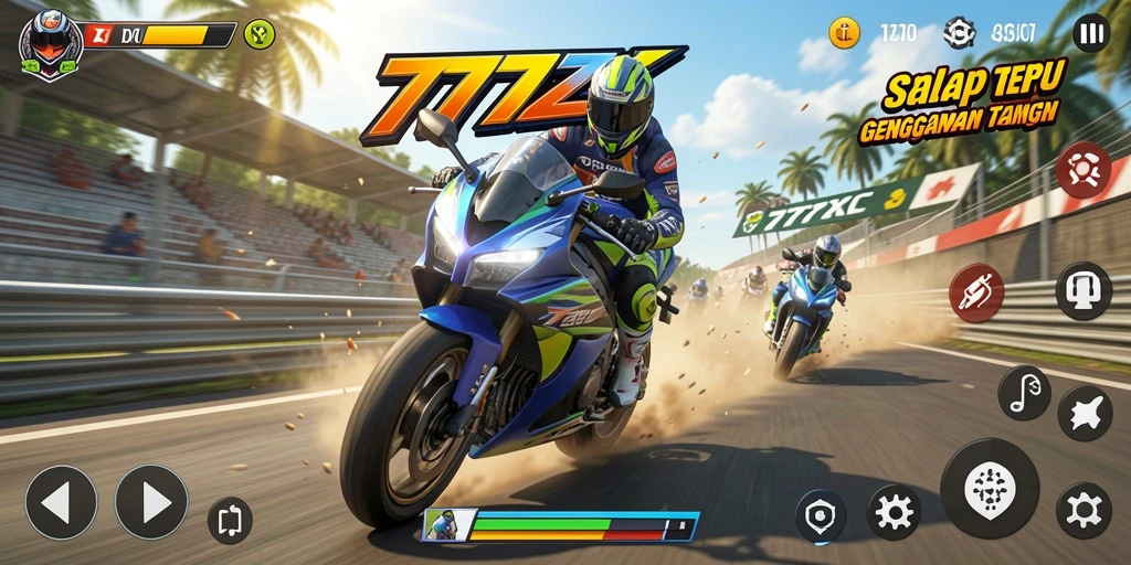 Gameplay 777ZX menampilkan balapan motor yang seru dan mendebarkan.