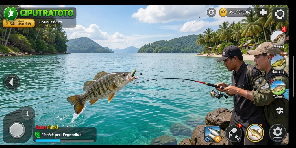 Screenshot gameplay <strong>CIPUTRATOTO</strong> menunjukkan pemain berburu ikan di danau yang indah.