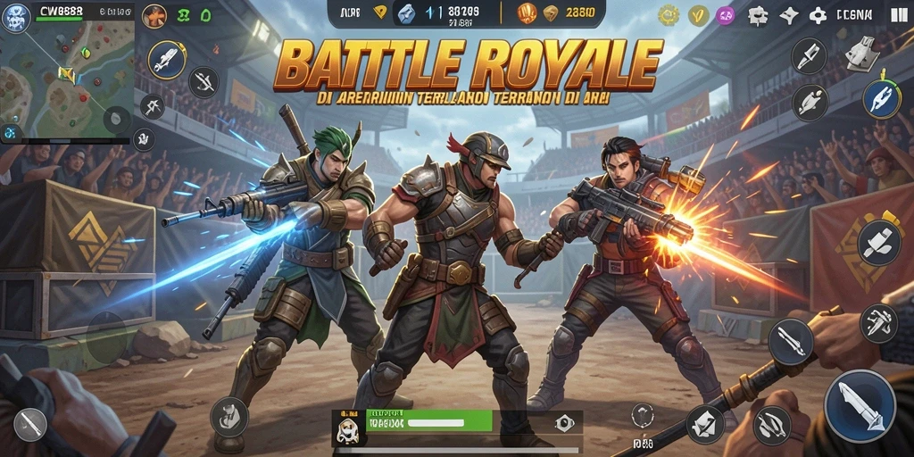 Screenshot gameplay CW8888 menampilkan pertarungan intens di arena Battle Royale.