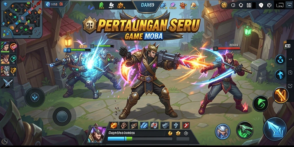 Tampilan aksi seru dalam gameplay DAX69 di arena MOBA.