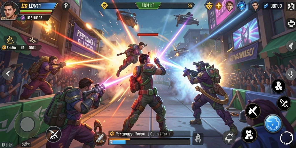 Screenshot menunjukkan tindakan pertarungan seru dalam LDN11, dengan karakter yang saling menyerang.