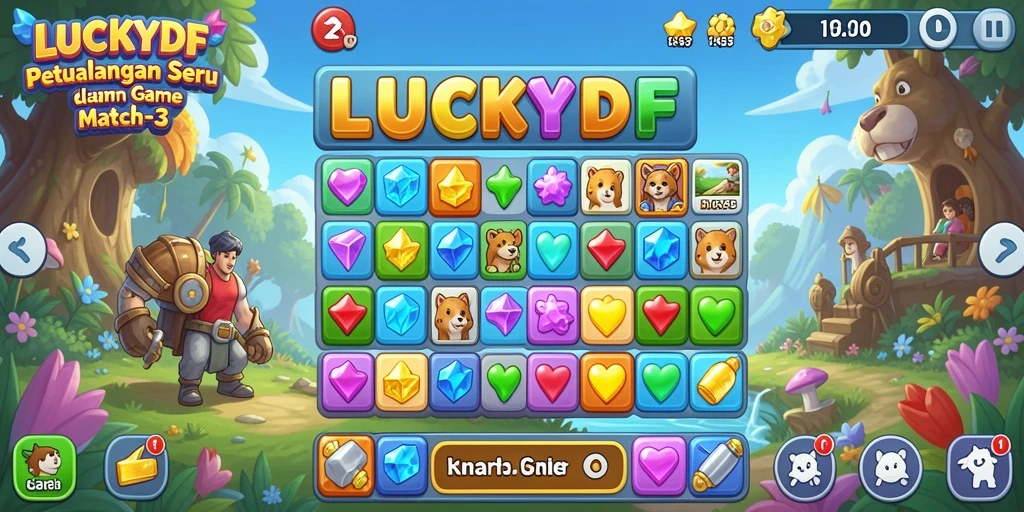 Screenshot gameplay LUCKYDF menunjukkan aksi mencocokkan permata yang menyenangkan.