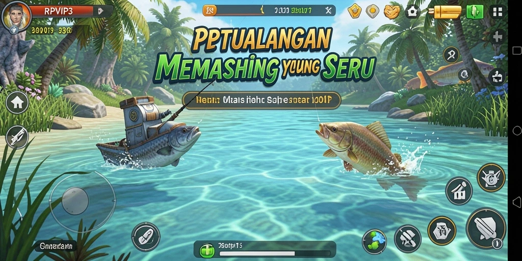 Tampilan gameplay RPVIP3 yang menakjubkan saat memancing di lokasi alami.