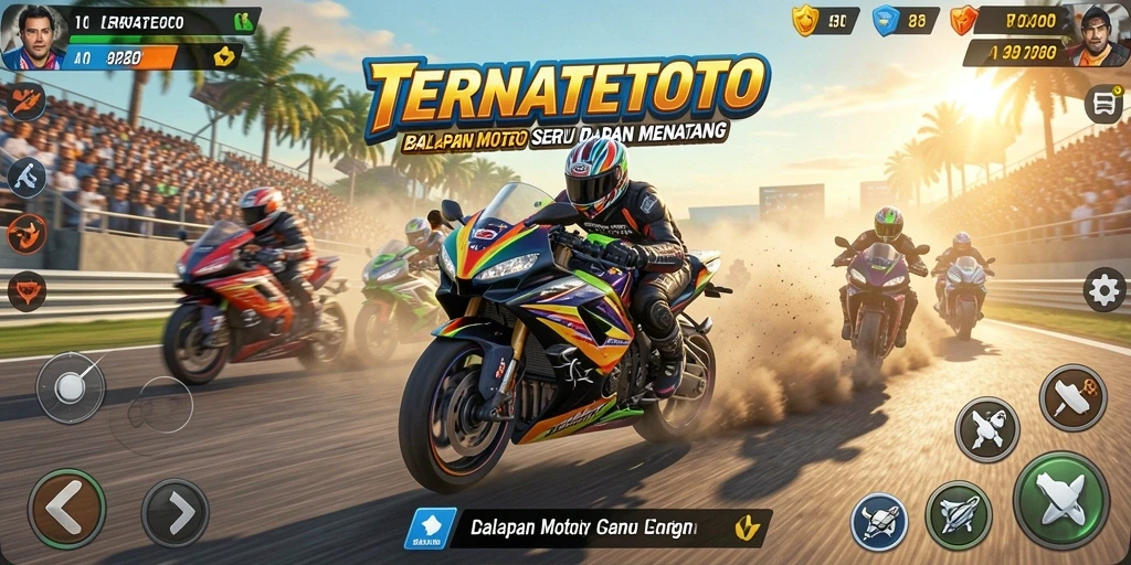 Screenshot gameplay TERNATETOTO memperlihatkan balapan motor yang menegangkan.